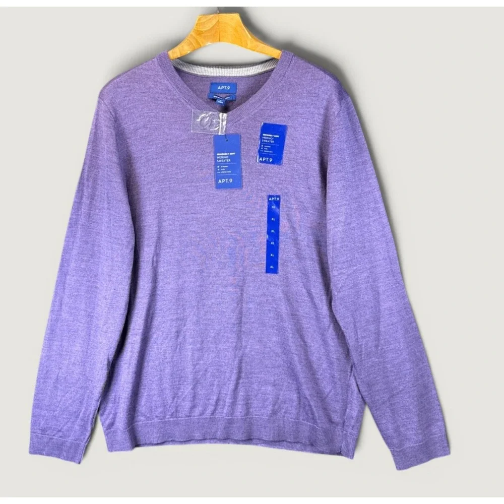 NWT Apt 9 V-Neck Seriously Soft Merino Wool Blend Sweater Mens XL Purple Hipster